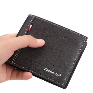 Slim dark brown pebble leather bifold wallet for men with tricolor stripe detail