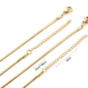Detail view of 2mm gold snake chain necklace with 45cm length and 5cm extension chain