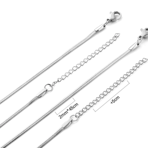 Detailed view of 2mm silver stainless steel snake chain with lobster clasp and extension