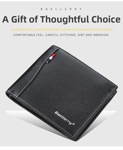 Close-up of black leather wallet with lychee grain texture and contrast stitching detail