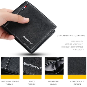 Detailed close-up of Baellerry men's leather wallet showing precision stitching and logo