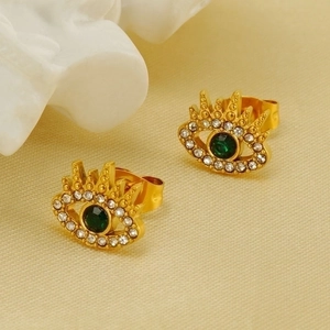 Gold plated stainless steel evil eye stud earrings with crown detail and green zircon