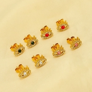 Set of four gold-plated crown eye stud earrings with colorful zirconia stones
