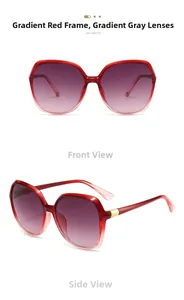 Detail view of large square gradient red frame sunglasses with gold metal hinges
