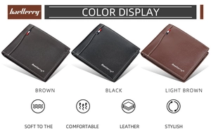 Short bi-fold men's wallets in black and brown leather with contrast stitching detail