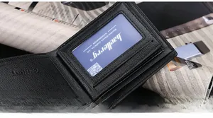 Detail view of black litchi leather wallet with multi-slot card holder and ID window