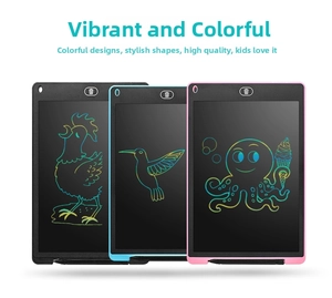 Detailed view of 12-inch LCD writing tablets in black, blue and pink with color screen