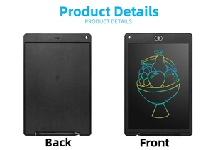 Front and back detail of 12-inch LCD writing tablet featuring colorful fruit drawing