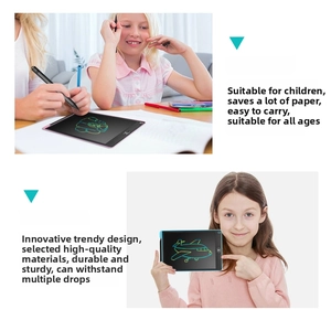 Detail of 12-inch LCD writing tablet showing colorful handwriting and portable stylus pen