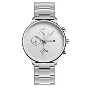 Men's silver quartz watch with stainless steel band, triple sub-dials and date display