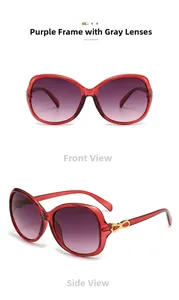 Detail view of purple oval sunglasses with golden bow ornament and gradient lenses