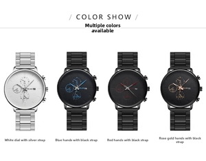 Detailed comparison of four quartz watch color variants with steel straps and triple dials