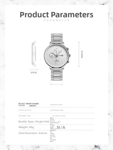 Detailed specs of YOLAKO quartz watch with 42mm silver case and stainless steel band