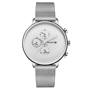 YOLAKO men's quartz watch with silver mesh strap, three-eye dial, and calendar display