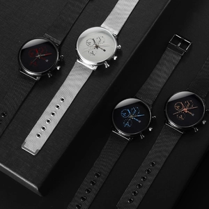 Fashionable men's quartz calendar watches with stainless steel mesh straps in four styles