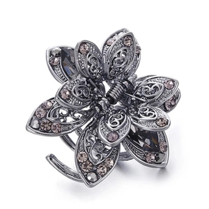 Vintage silver hollow flower hair claw clip with dark crystals for women hairstyling