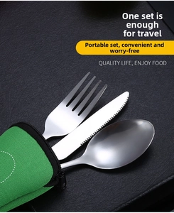 Macro view of portable stainless steel cutlery set with a green zipper storage pouch