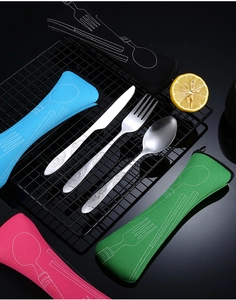 Detail of engraved stainless steel cutlery set with portable colorful storage pouches