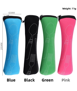 Portable cutlery storage pouches in blue, black, green, and pink with zipper closure