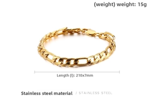 Detail of 7mm gold Figaro chain bracelet with lobster clasp and dimension labels