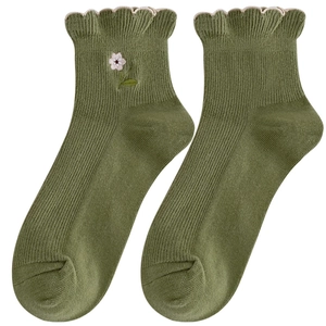 Olive green women's cotton socks featuring ruffled cuffs and delicate floral embroidery