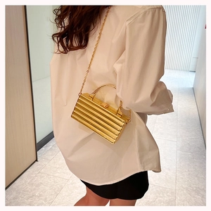 Chic acrylic box evening bag with gold texture and chain strap shown on a model