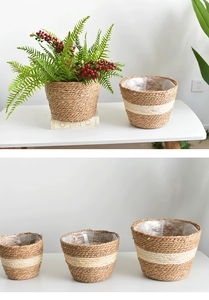 Detail of handcrafted woven straw baskets with natural and cream beige striped patterns