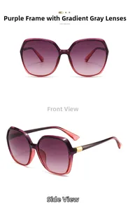 Detail view of purple gradient square sunglasses with grey lenses and gold metal accents