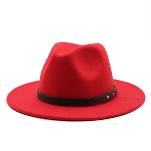 Red wool fedora hat with wide brim, black leather band and gold studs decoration