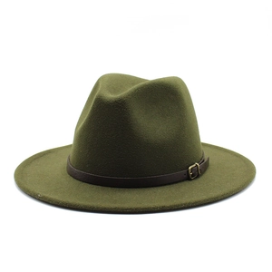 Detail of olive green fedora hat featuring flat brim and brown leather belt buckle strap