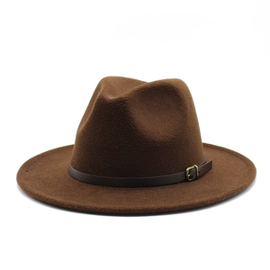 Detail of coffee brown wool felt fedora with a leather band and metal buckle accent