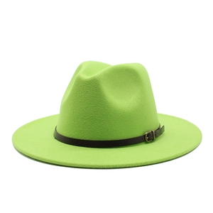 Classic neon green wide brim fedora hat with black leather band for men and women