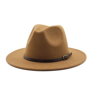Detail of dark brown wool fedora hat featuring a leather band with metal buckle