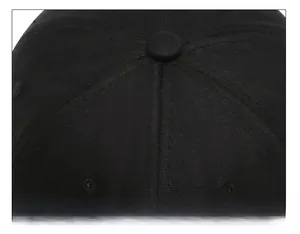 Détail du haut d'une casquette de baseball noire montrant les coutures et le bouton central