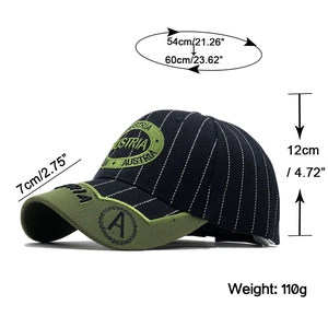 Detailed dimension guide for black cotton baseball cap with green Austria embroidery