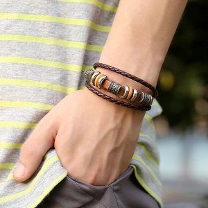 Men's multilayer brown leather beaded bracelet with silver totem metal beads on wrist