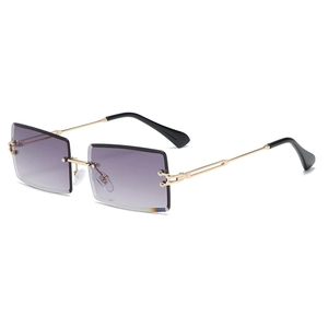 Modern rimless rectangular sunglasses with purple gradient lenses and gold metal temples