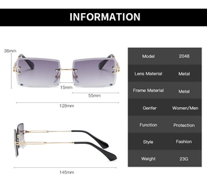 Detailed dimensions of rimless rectangular sunglasses with purple gradient lenses