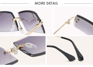 Detail view of rimless square sunglasses with gradient purple lenses and gold metal hinges