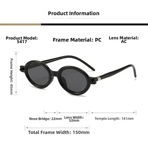Detailed size specification chart for retro oval sunglasses with PC frame dimensions
