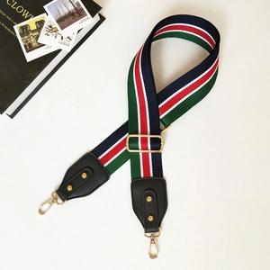 Close-up of colorful striped bag strap with gold metal buckles and black leather ends