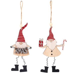 Festive Christmas wooden gnome ornaments with XMAS letters and spring legs on white backdrop
