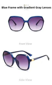 Detail of square oversized blue sunglasses with gradient grey lenses and gold hinges
