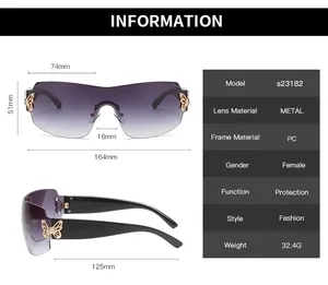 Detailed sizing chart and material specifications for rimless butterfly sunglasses