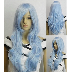 Detailed multi-angle views of an 80cm light blue long wavy cosplay wig for women
