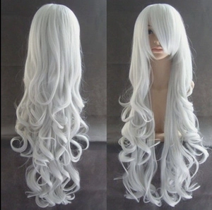 Front and back view of long white curly cosplay wig with bangs made of heat resistant fiber