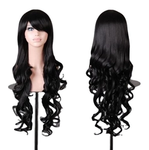 80cm long wavy black synthetic cosplay wig for women on mannequin from front and back view