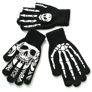 Luminous Halloween skull gloves in black knit material featuring white skeleton bone prints