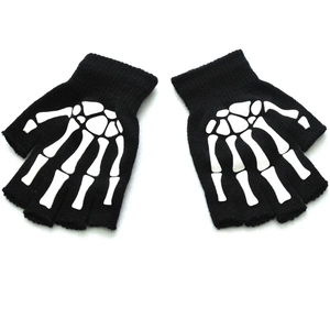 Detail of fingerless knit gloves featuring white skeleton bone print and ribbed cuffs