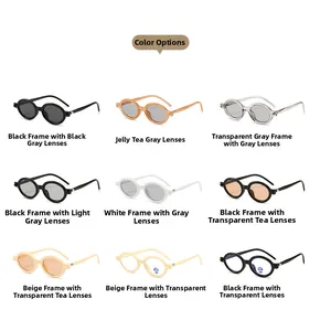 Collage of retro oval sunglasses showing nine different frame and lens color options